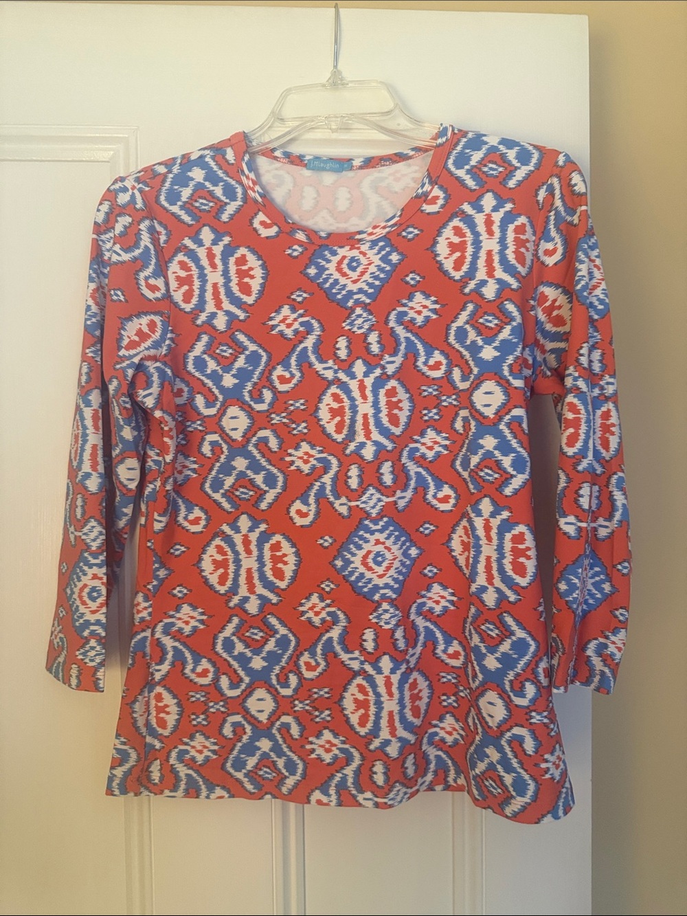J. McLaughlin Orange, Blue & White Long Sleeve Patterned Signature Tee